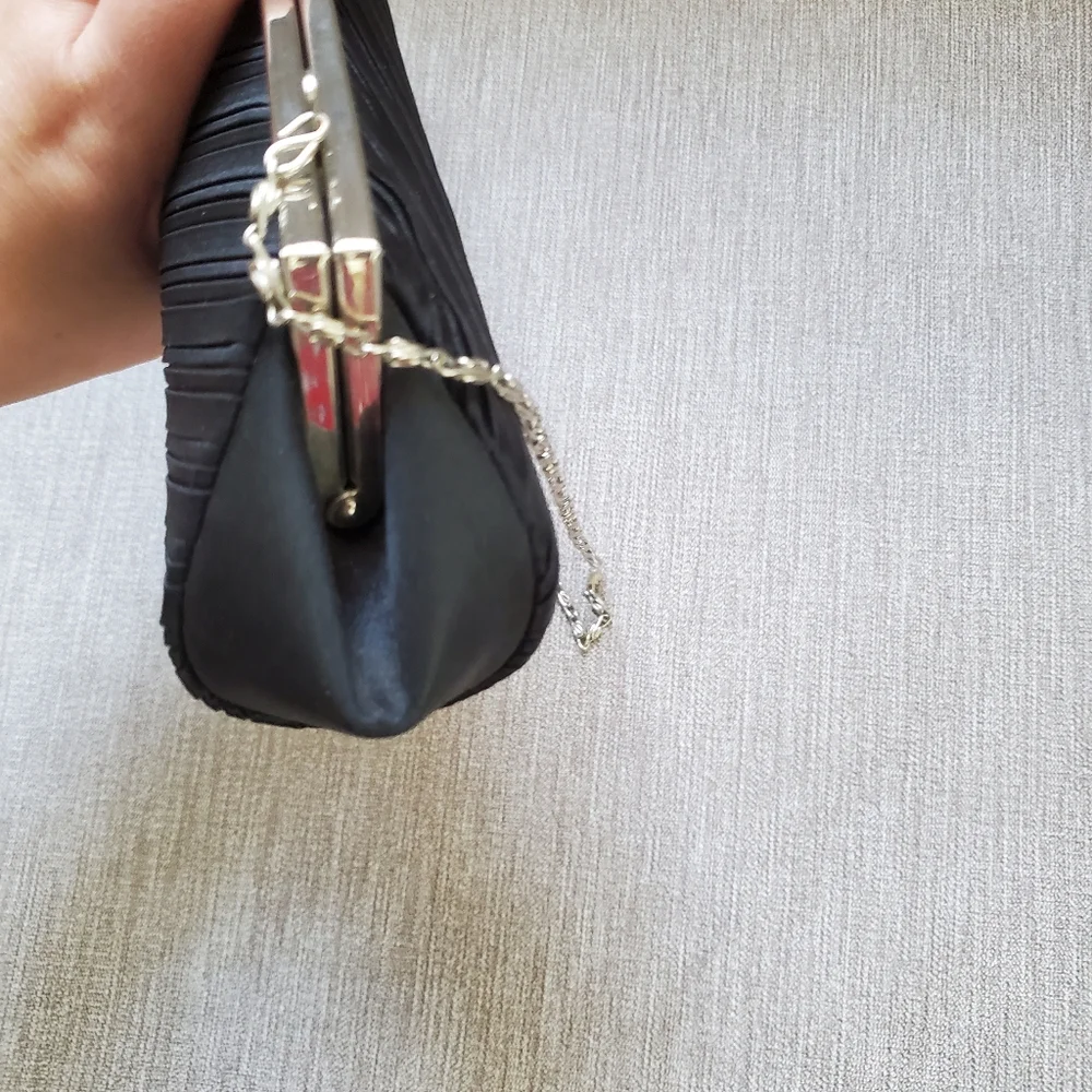 Vintage Elegant Evening Pleated Satin Elongated Clutch Black